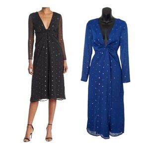 NWT NSR Royal Blue Chiffon Midi Dress Twist-Front Neckline Sheer Sleeves Size S